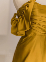 Yellow Satin Off the Shoulder Pleats Prom Dress