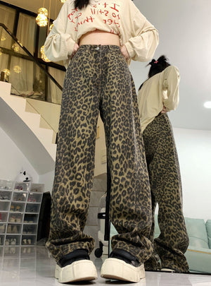 Retro Loose Straight Leopard Print Jeans