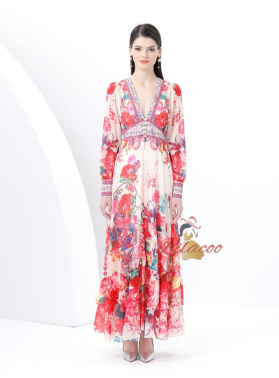 V-neck Slim Long Sleeve Printed Dress