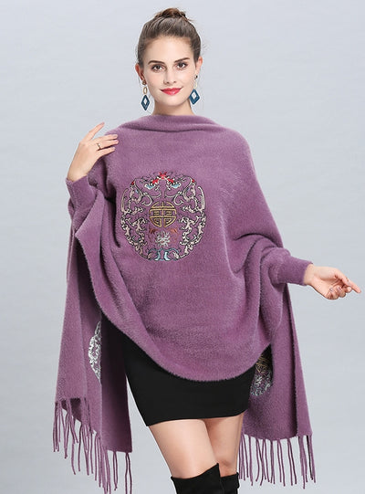 Embroidered Knitted Fringed Long Shawl
