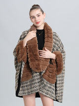 Wool-padded Plaid Fur Collar Knitted Shawl