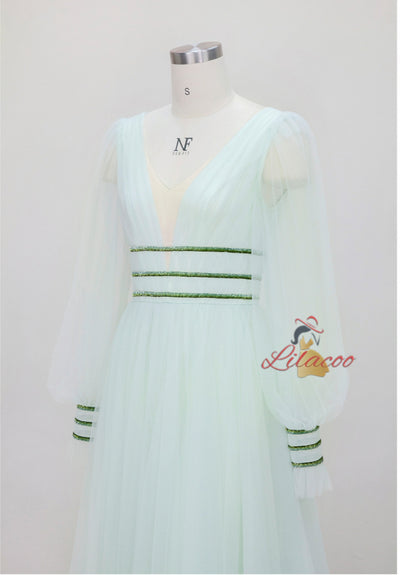 Sexy V-neck Gauze Lantern Sleeve Dress