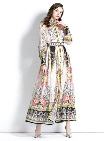 Retro Long Sleeve Print Long Dress