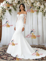 White Mermaid Long Sleeve Appliques Wedding Dress