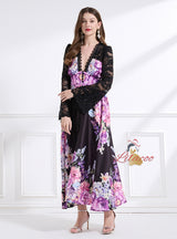 Deep V-neck Lace Horn Sleeve Printed Long Dress