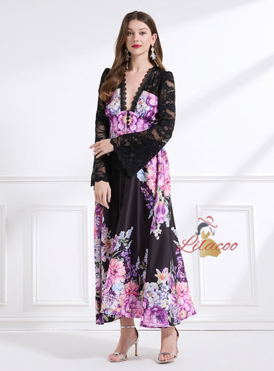 Deep V-neck Lace Horn Sleeve Printed Long Dress