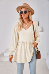 Stitching V-neck Long-sleeved Loose T-shirt