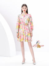 Retro Single-breasted Printed Short Dress