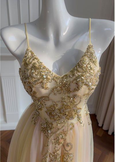 Champagne Tulle Straps Beading Prom Dress