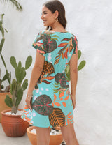 Floral Printed V-neck Short Sleeve Loose Dress