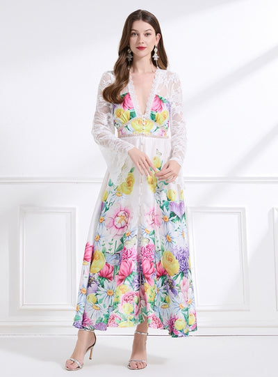 Palace Deep V-neck Flared Sleeve Lace Printed Dress