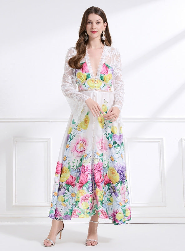 Palace Deep V-neck Flared Sleeve Lace Printed Dress