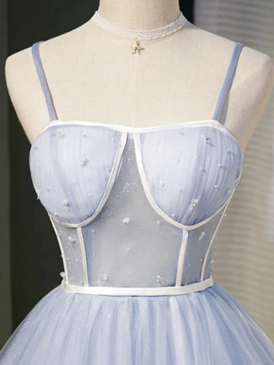 Blue Tulle Spaghetti Pleats Homecoming Dress