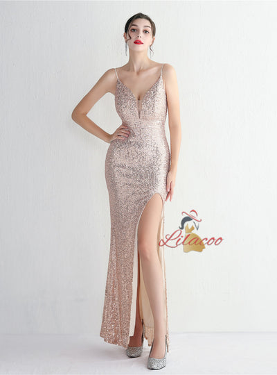 Sequins Spaghetti Straps Backless Beading Prom Dress