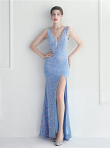 V-neck Sequins Split Prom Dress