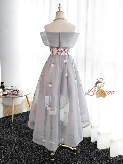 Gray Off the Shoulder Flower Prom Dress