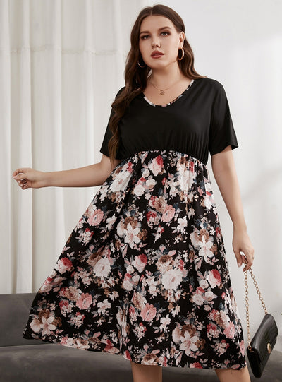 V-neck Short Sleeve Slim Chiffon Stitching Dress