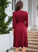 V-neck Solid Color Long Sleeve Dress