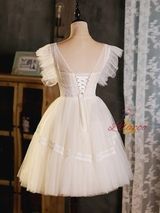 White Tulle Lace Scoop Neck Homecoming Dress
