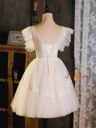 White Tulle Lace Scoop Neck Homecoming Dress