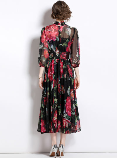 Printed Bow Swing Cropped Sleeve Dress