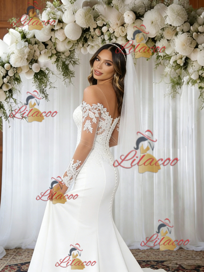 White Mermaid Long Sleeve Appliques Wedding Dress