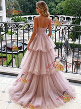 Pink Tulle Spaghetti Straps Prom Dress