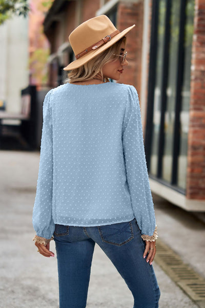 Jacquard Chiffon Long-sleeved Loose V-neck Top