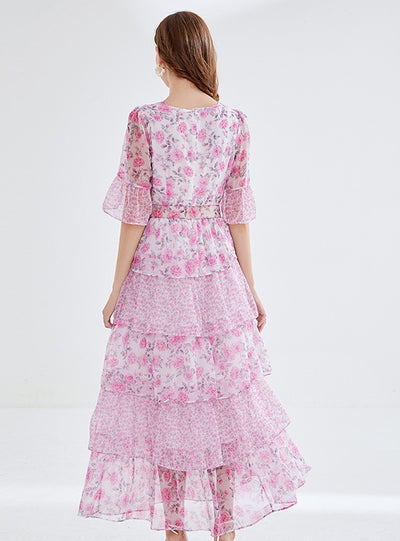 Lotus Leaf Cake Chiffon Floral Dress