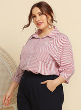 Striped Long Sleeve Lapel Pocket Ladies Shirt