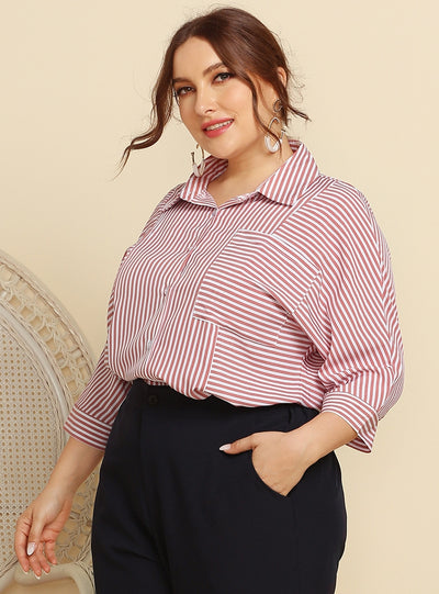 Striped Long Sleeve Lapel Pocket Ladies Shirt