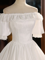 White Satin Lace Short Sleeve Wedding Dress