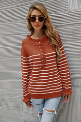 Button Wood Ear Striped Stitching Sweater