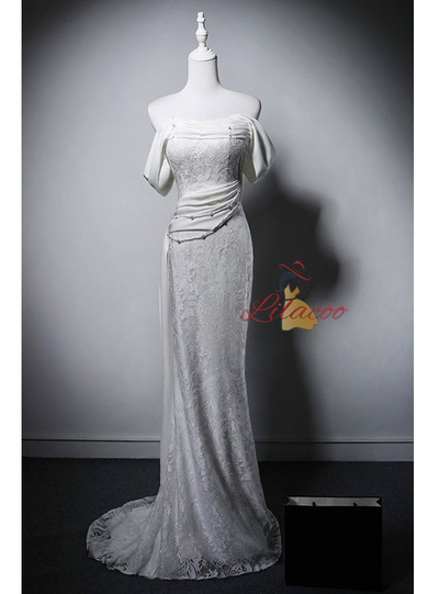 White Mermaid Lace Pearls Wedding Dress