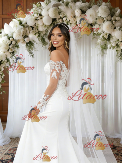 White Mermaid Long Sleeve Appliques Wedding Dress