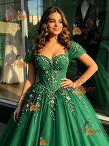 Green Tulle Off the Shoulder Appliques Quinceanera Dress