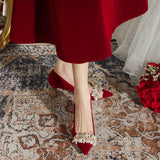 Thick-heeled Pointed Red Wedding Shoes