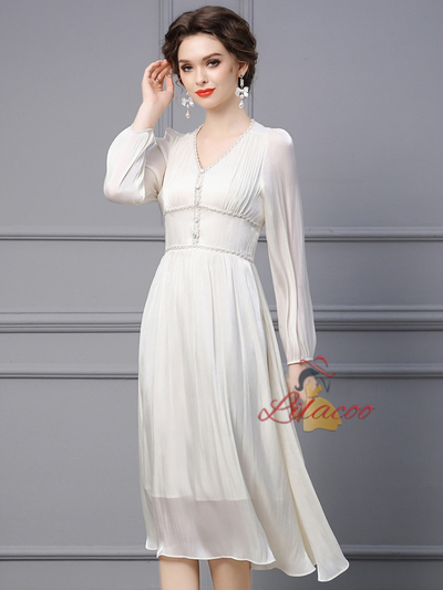 White V-neck Beading Pleats Mother Of The Bride Dress