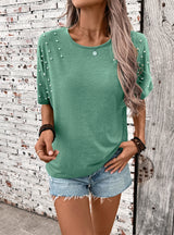 Solid Color Beaded Round Neck T-shirt