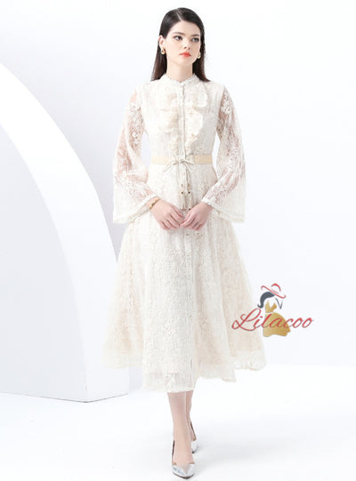 Retro Long Sleeve Lace Long Dress