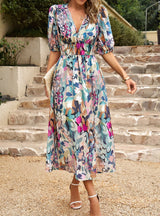 Silm Waist V-neck Printed Long Dress