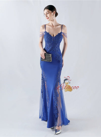 Mermaid Sequins Spaghetti Straps Appliques Prom Dress