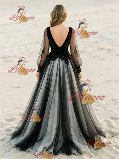 Black Long Sleeve Appliques Wedding Dress