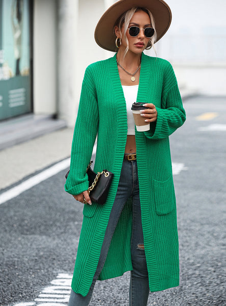 Solid Color Pocket Long Coat Sweater