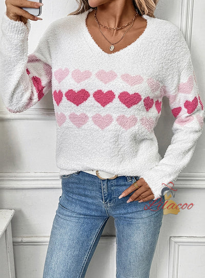 Love Pattern V-neck Long Sleeve Sweater
