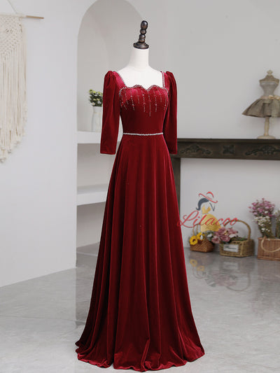 Burgundy Velvet Long Sleeve Beading Prom Dress