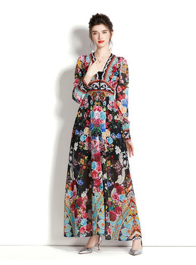 Long Sleeve Lantern Sleeve Printed Dress