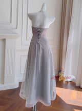 Gray Tulle Sequins Backless Prom Dress