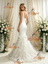 Ivory Mermaud Tulle Straps Flower Wedding Dress