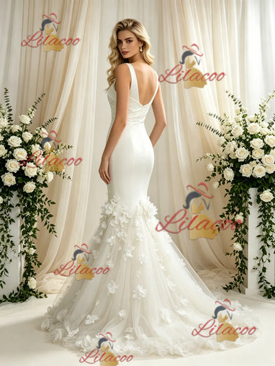 Ivory Mermaud Tulle Straps Flower Wedding Dress
